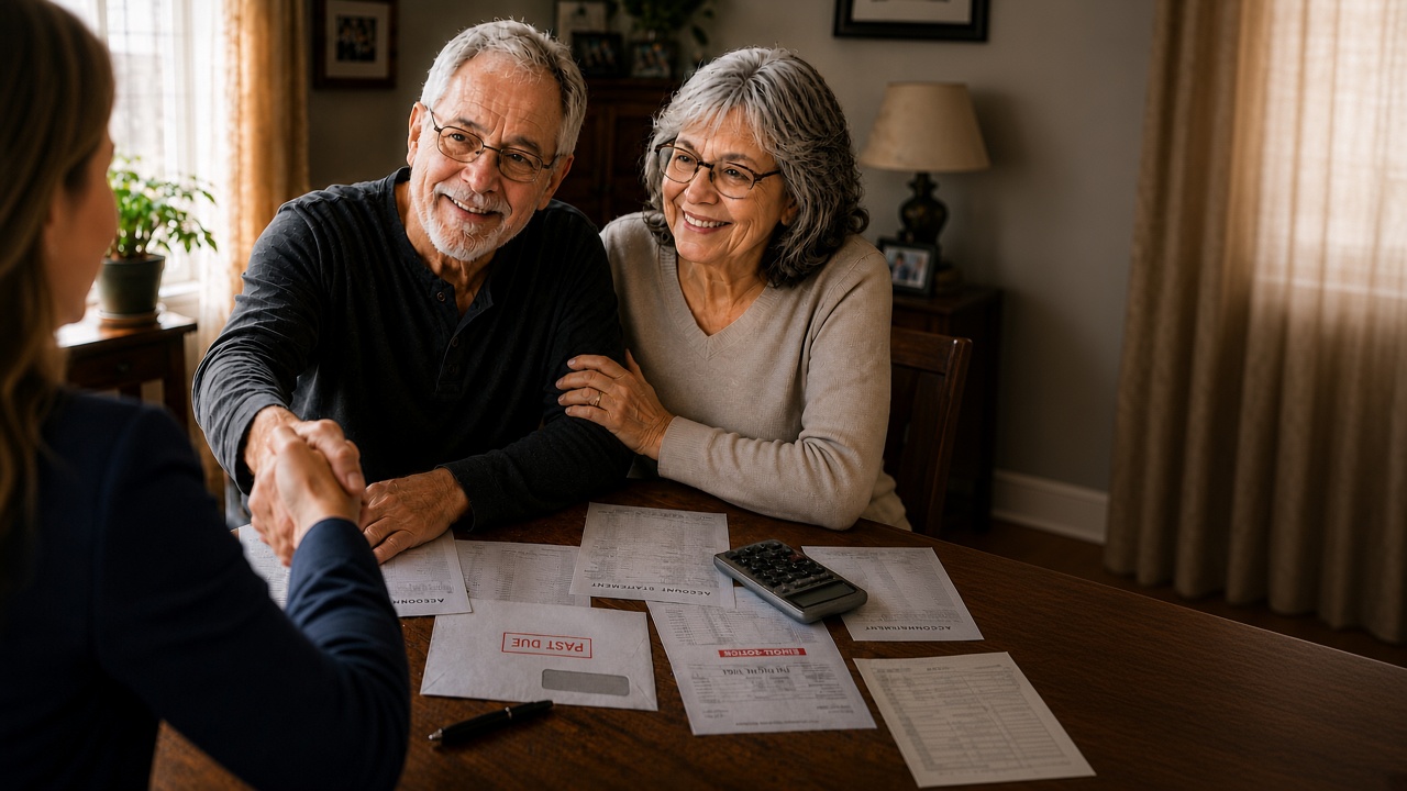 A veteran couple smiling together at their kitchen table.